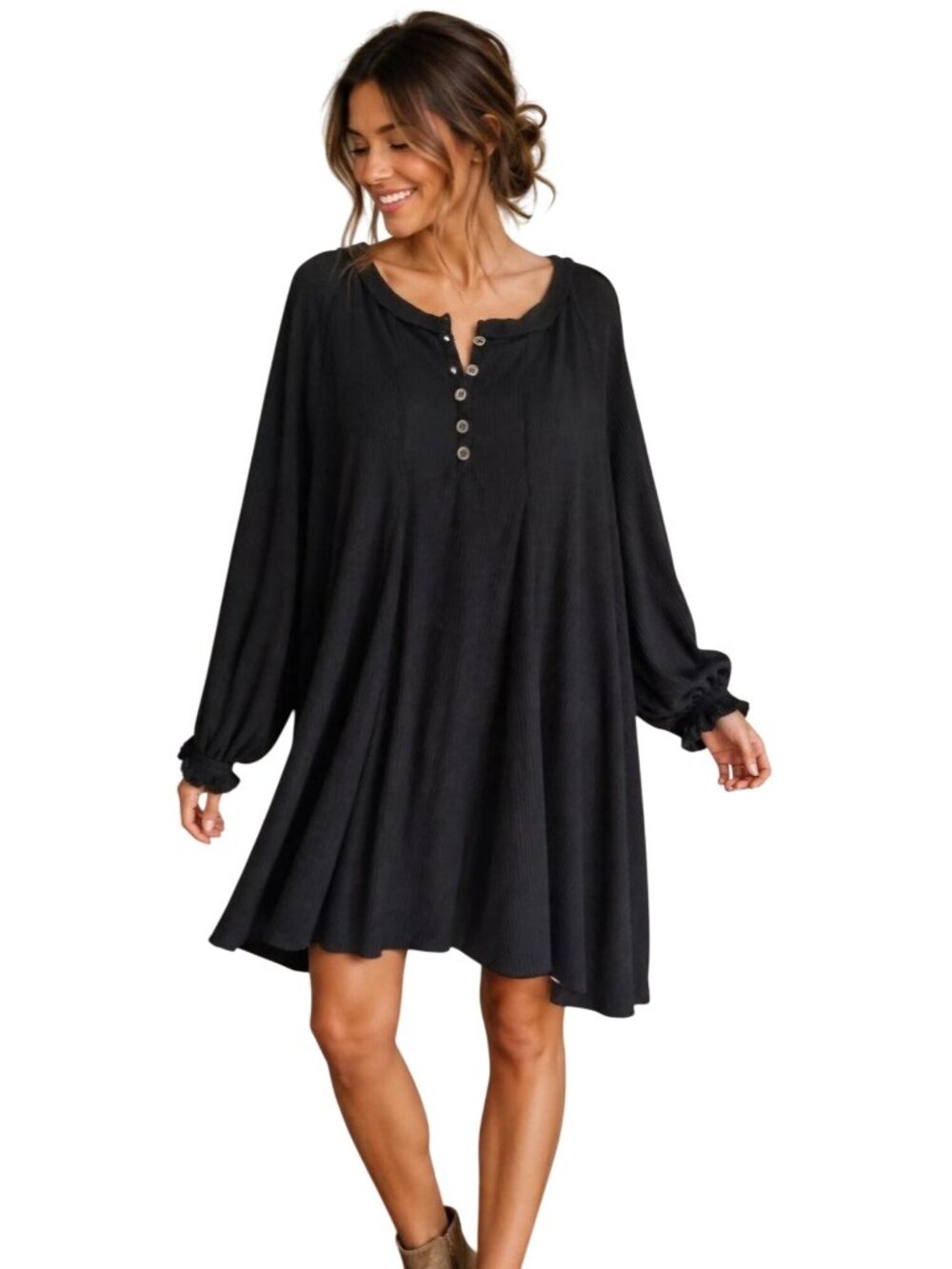 Natural Life Black Ribbed Henley Oversized Tunic Dress One Size Fits Most
